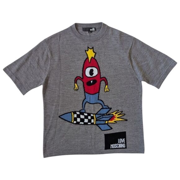 Love Moschino US 6 Wool Grey Knitwear Short Sleeve T-Shirt w/ Rocket Design - Picture 1 of 6